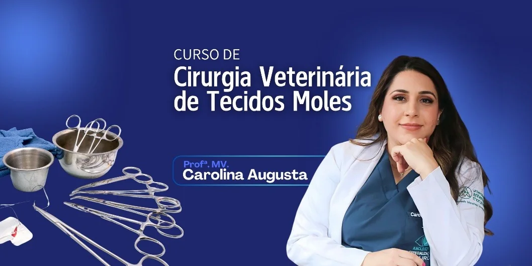 Capa do curso com instrumentos cirúrgicos e a professora Carolina Augusta