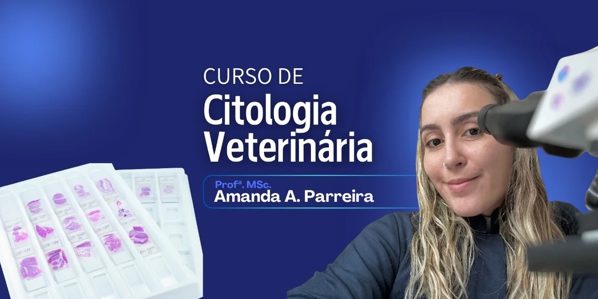 Capa do curso com lâminas citológicas, microscópio e a professora Amanda Parreira